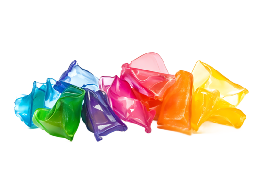 A vibrant array of colorful plastic shapes arranged in a row against a black background studio shot