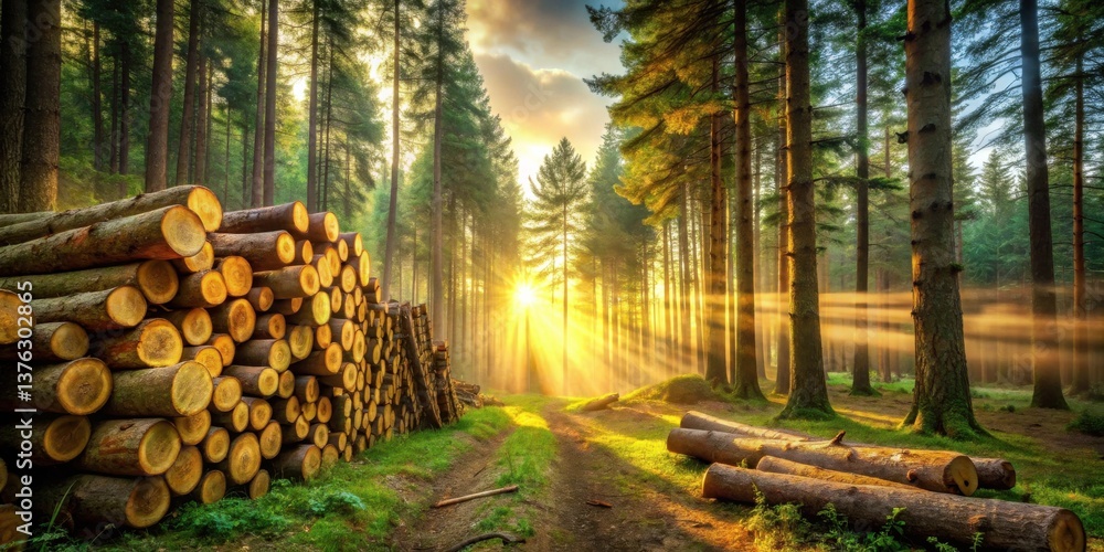 Aufkleber golden hour in a pine forest stacks of logs basking in the sun's rays, creating a serene and picture