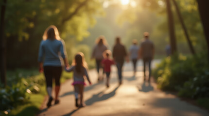 Obraz premium Blurred outlines of people walking in the park on a sunny day