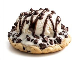 Ice Cream Sandwich with Chocolate Chips and Fudge Drizzle Isolated
