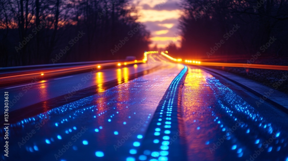 Aufkleber Twilight envelops a smartroad system showcasing illuminated lanes and sensors designed to improve transportation, promote automation, and enhance vehicle connectivity for safer travel.