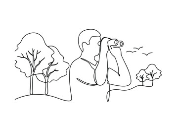 Man Birdwatching Nature Scene Binoculars Continuous Line Drawing