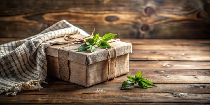 Rustic Elegance A Gift Wrapped in Natural Fabric with Delicate Greenery on a Weathered Wooden Surface
