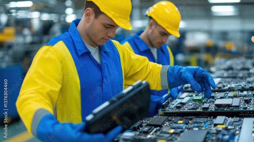 Poster two workers in safety gear inspect electronic components in a factory setting, focused on quality co