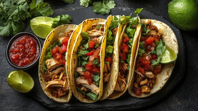 Exquisite Tacos Display: An overhead shot of four tempting tacos artfully arranged on a dark slate, complemented by fresh lime wedges, salsa, and verdant cilantro sprigs, beckoning with flavors