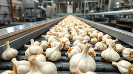 Garlic being sorted on a production line at the factory