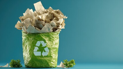 Eco-Friendly Waste Disposal with Green Recycle Bin Filled with Crumpled Paper on Blue Background, Promoting Sustainability and Environmental Responsibility in Daily Life