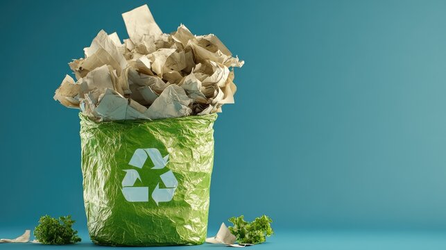 Eco-Friendly Waste Disposal with Green Recycle Bin Filled with Crumpled Paper on Blue Background, Promoting Sustainability and Environmental Responsibility in Daily Life