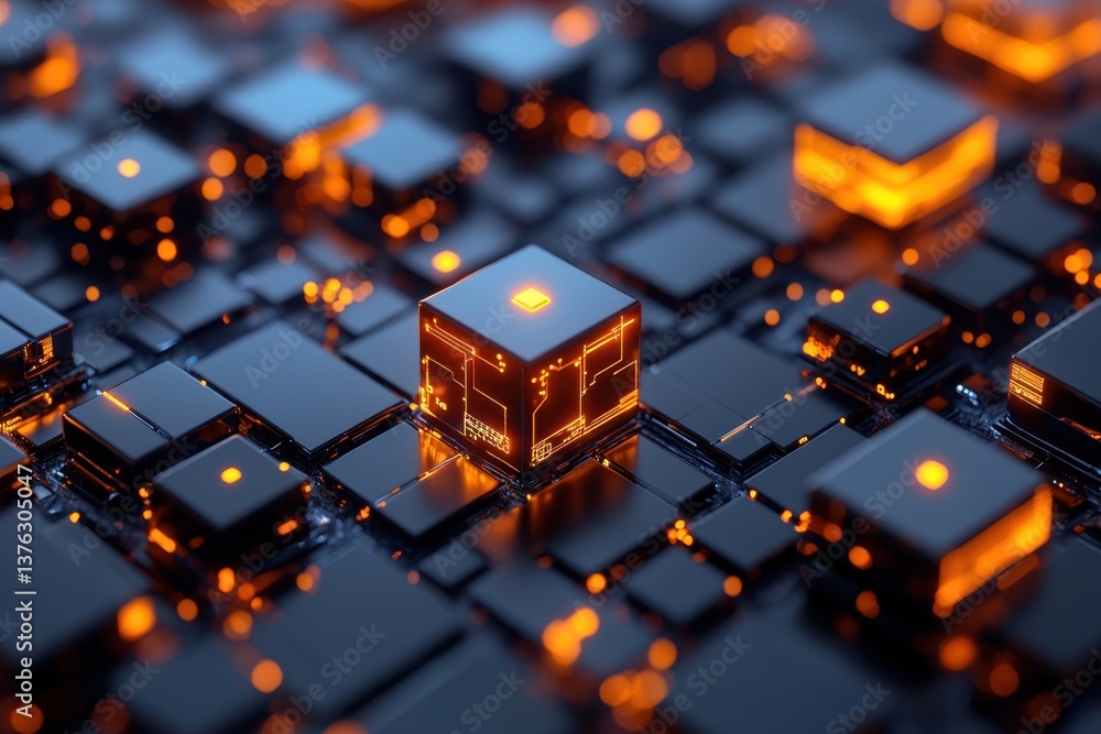 Poster advanced circuit technology with glowing elements and intricate patterns in a modern setting