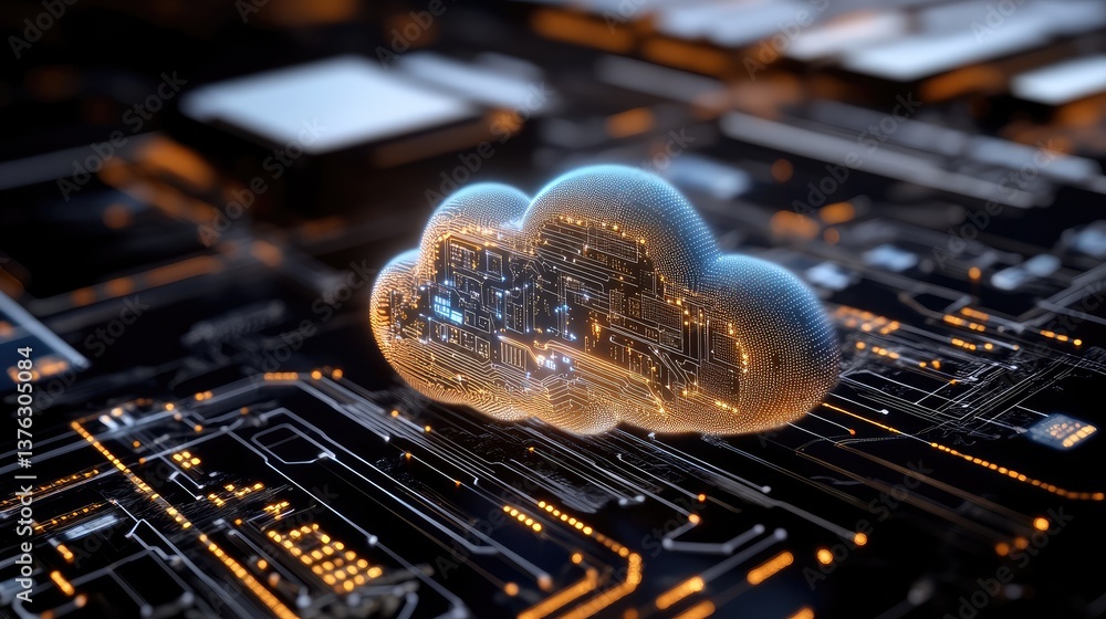 Poster futuristic cloud computing concept represented by a digital cloud with circuit patterns over an abst