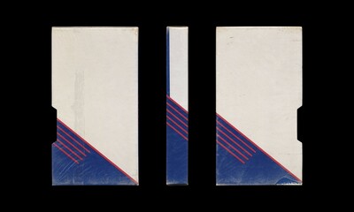 Fototapeta premium retro designed blank cover sleeve for VHS videocassette, multiple angles, mockup on black background