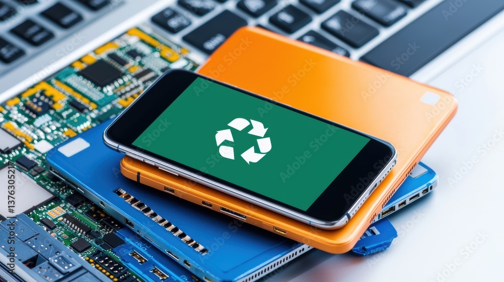 Poster an image featuring a smartphone with a recycling symbol on its screen, placed atop colorful gadgets 