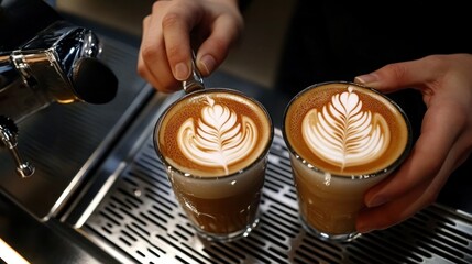 Fototapeta premium A barista preparing iced lattes and cappuccinos at a hip cafa