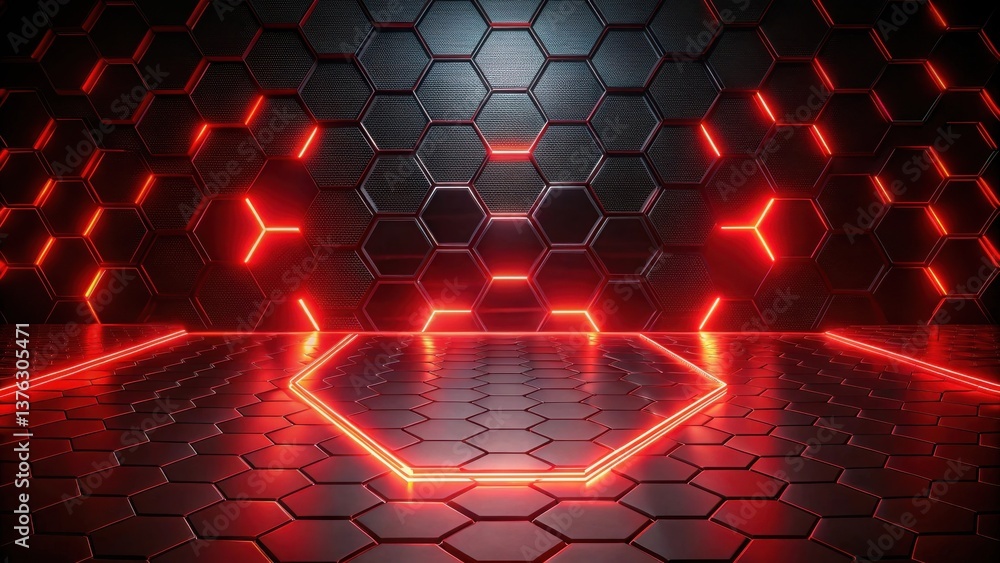 Poster Abstract Hexagonal Background with Red Neon Lights and Dark Metallic Surface
