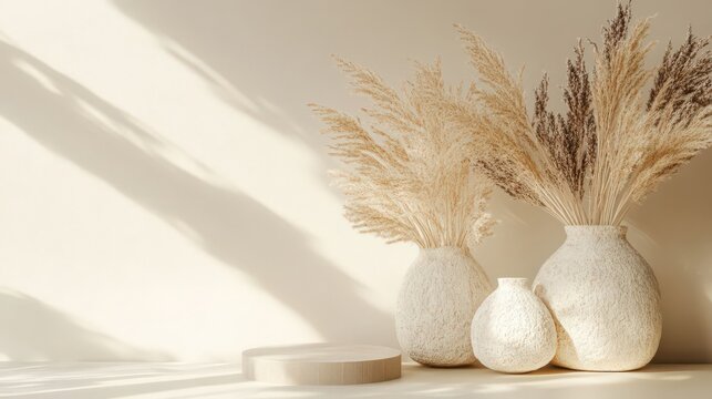3D render of a beige boho-style podium for product display, adorned with vases and dried grasses, in warm light.