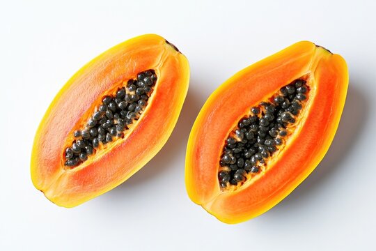 Brightly colored papaya halves showcase vibrant orange flesh and
