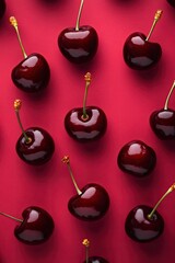 Lush cherries arranged on vibrant red backdrop, highlighting viv