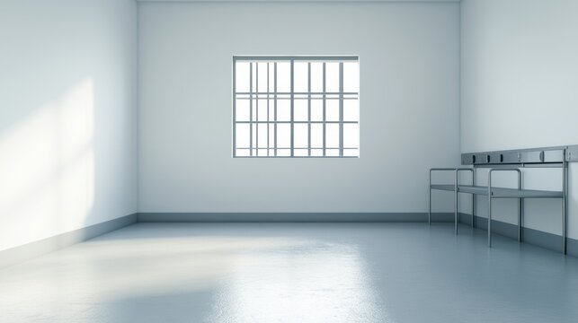 A stark, empty room with a barred window and minimal furniture, evoking feelings of confinement and isolation.