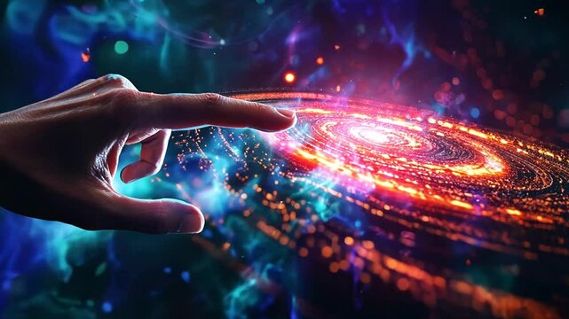 Hand zeigt auf digitales Universum