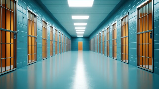 A brightly lit prison corridor featuring multiple cell doors and a central orange door, creating a stark and desolate atmosphere.