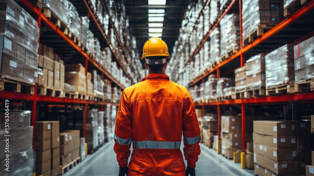 Aufkleber A logistics worker in bright safety gear stands among towering shelves filled with boxes in an automated warehouse. Efficient sorting and distribution are visible.