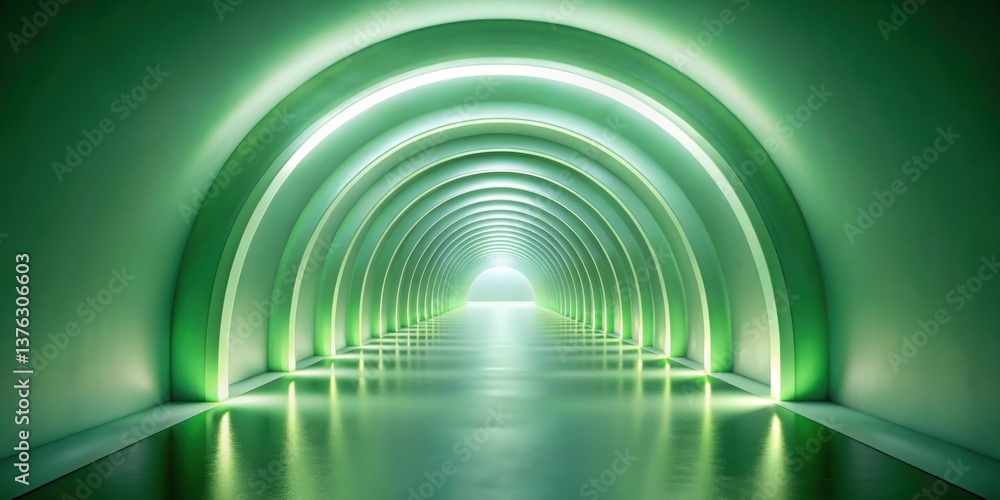 Poster abstract green architectural tunnel with soft lighting and reflective floor