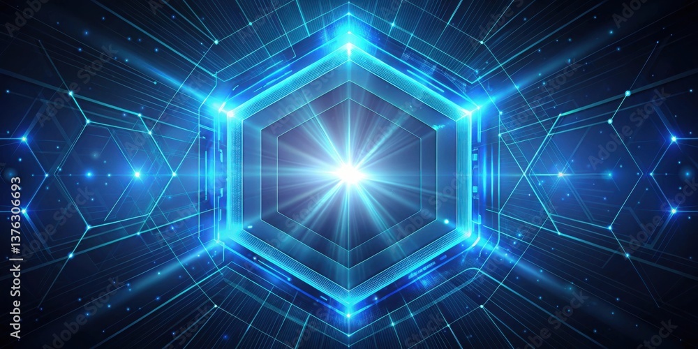 Poster Abstract Futuristic Hexagonal Portal Glowing with Bright Light Rays and Network Connections