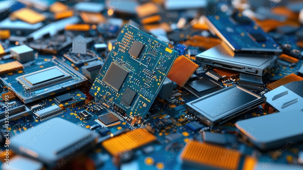 Poster a close-up view of various electronic components and circuit boards, showcasing a vibrant mix of col