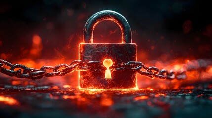 Fiery padlock surrounded by glowing chains symbolizing digital security and protection