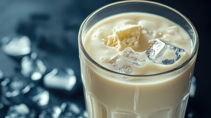 Vanilla Protein Shake in a Glass with Ice Cubes