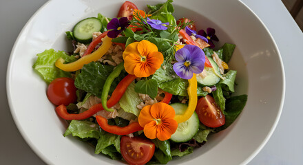 Vibrant edible flower salad overhead shot in white bowl showcasing fresh garden bounty