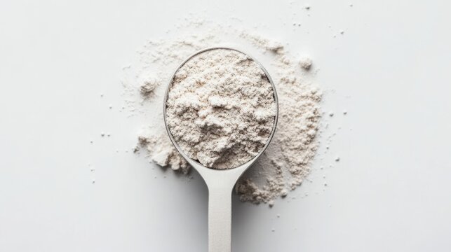 Top view of measuring spoon filled with protein powder