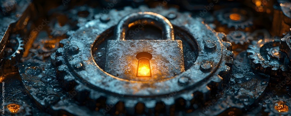 Poster intricate padlock made of rusty gears and glowing cogs