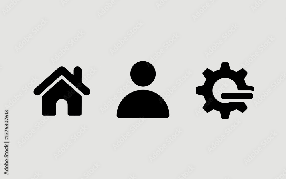 Poster website navigation vector icons: home, user, settings, isolated on gray background for web design, a