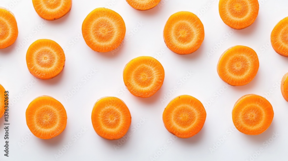 Poster brightly sliced carrots arranged in playful pattern on clean sur