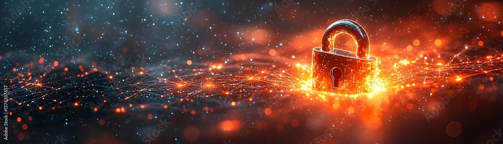Poster digital security network protected by a glowing padlock icon