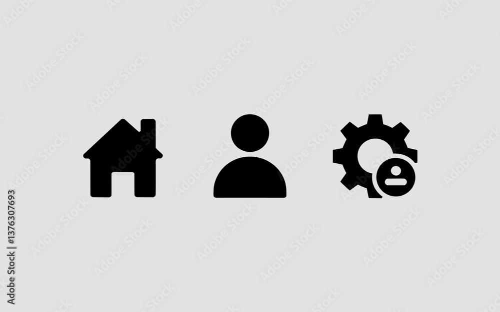 Poster minimalist black navigation icons: home, user, settings - vector ui symbols for web and app design