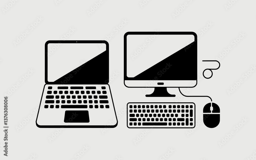 Poster minimalist laptop and desktop computer vector illustration for technology concepts and business pres