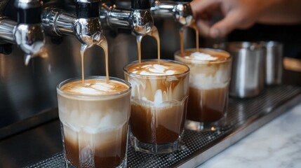 A barista preparing iced lattes and cappuccinos at a hip cafa
