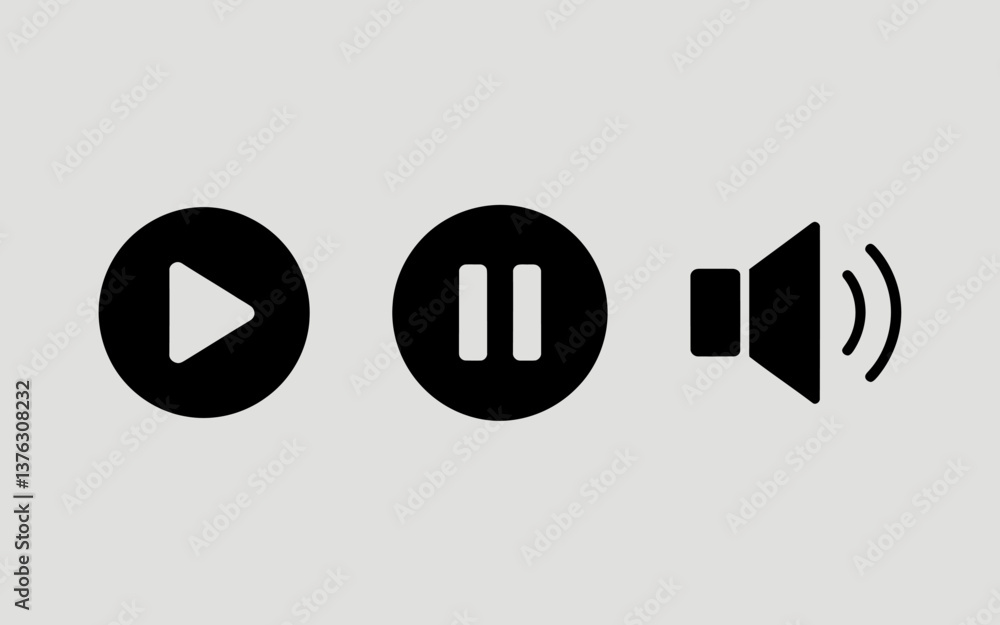 Poster black audio control icons: play, pause and sound volume - vector illustration for media players and 