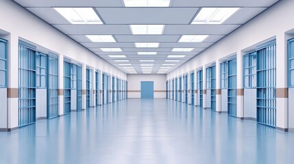A sterile corridor in a prison featuring multiple cells with bars and a blue color scheme, illuminated by bright overhead lights.