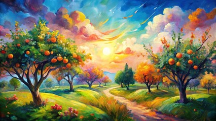 Vibrant Sunset Over a Serene Orchard Path with Lush Greenery and Fruit Trees