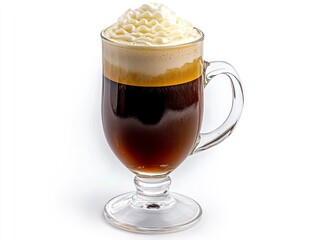 Irish Coffee in Glass with Whipped Cream Topping on White Background