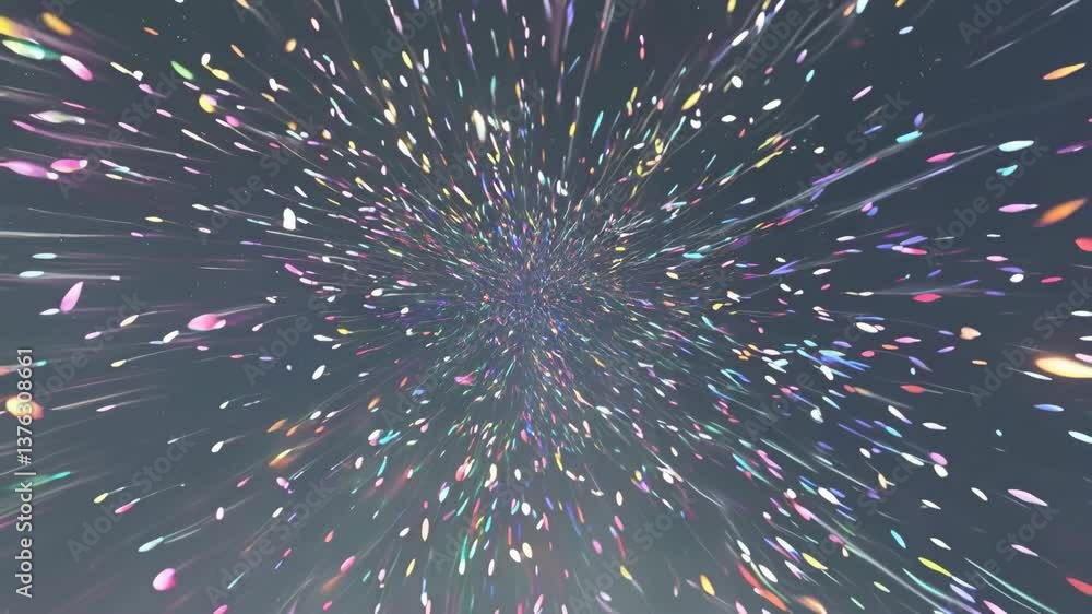Poster 3d, 4k abstract scene of colorful light particles spreading outward toward the viewer. a dynamic cos