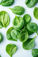 Obraz premium Fresh green spinach leaves scattered on light background, showca