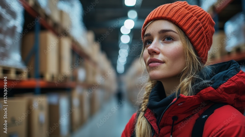 Poster a woman wearing a red beanie and jacket evaluates the processes in a large logistics center filled w