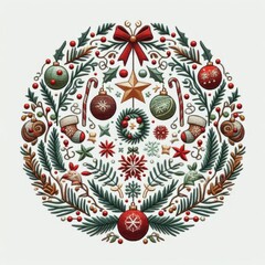 A festive embroidered Christmas wreath with red berries, holly, and golden stars. Delicate stitching and vibrant colors create a whimsical, traditional holiday design.