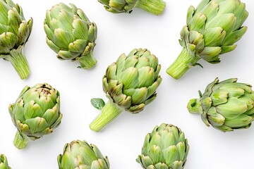 Obraz premium Fresh artichokes arranged beautifully, showcasing vibrant green