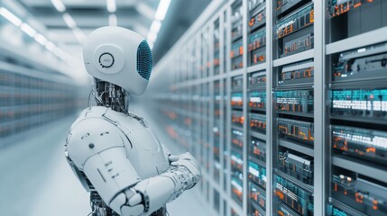 A futuristic robot examines server racks in a high-tech data center, showcasing the integration of advanced technology and artificial intelligence.