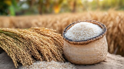 Obraz premium Traditional woven rice container filled with hot rice, placed next to golden-hued harvested rice stalks. Copy space.